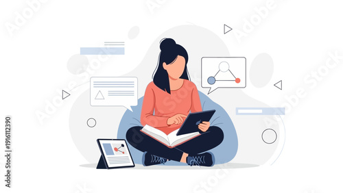 Woman Reading Book and Using Tablet, Learning and Studying Concept