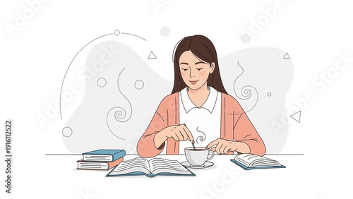Woman Stirring Coffee Cup While Reading Books