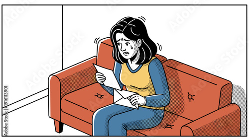 Worried woman reading letter on couch in pop art style