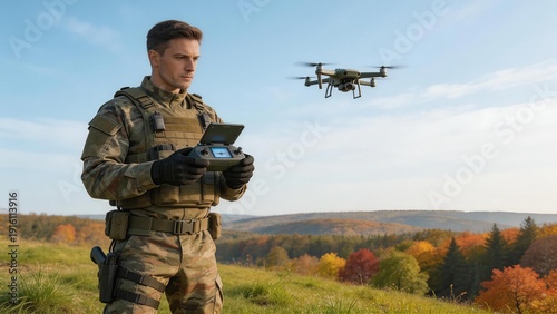 Soldier operating drone in autumn field