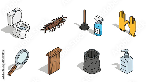 Isometric cleaning and hygiene icons: toilet, plunger, soap dispenser, gloves, and more