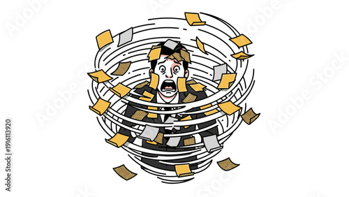 Stressful office chaos: man swirling in a tornado of papers