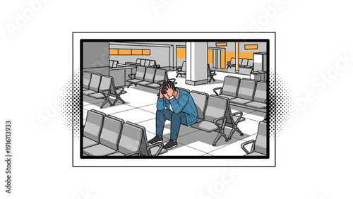 Frustrated traveler waiting at airport terminal in pop art style