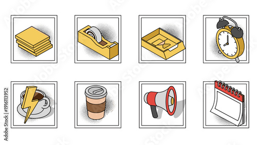 Set of retro office icons: coffee, clock, tape, notepad, paper, drawer, megaphone