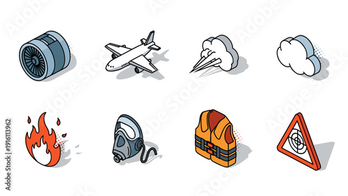 Isometric aviation and safety icons: plane, jet engine, clouds, flames, gas mask, life vest, warning signs