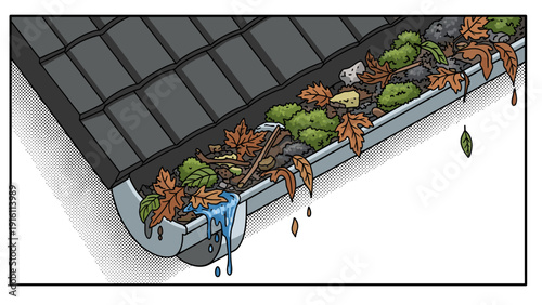 Clogged roof gutter with leaves and moss in detailed comic style