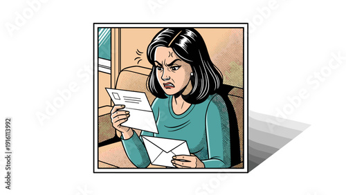 Frustrated woman reading bad news in retro comic style