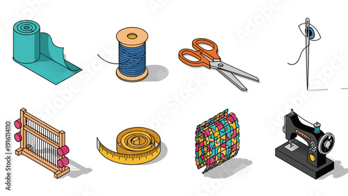 Isometric sewing and craft tools collection: scissors, sewing machine, measuring tape, needle and thread
