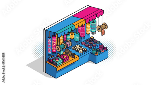 Colorful market stall with textiles and ribbons in isometric design