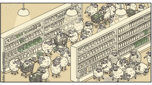 Sheep shopping in a busy supermarket: humorous isometric scene