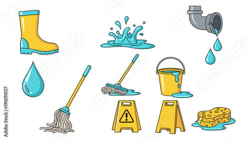 Cleaning tools and water elements in cartoon style for home maintenance