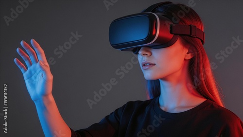 Woman wearing VR headset with hand gesture