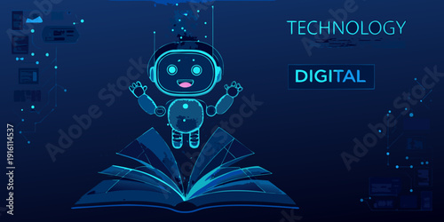 A cute robot emerging from an open book symbolizing technology and digital learning