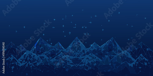 A dark blue abstract landscape with jagged peaks and scattered stars