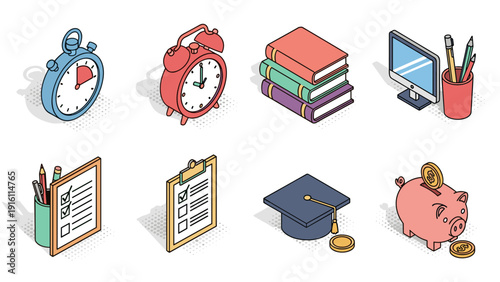 Isometric education icons: alarm clocks, books, and more in modern design