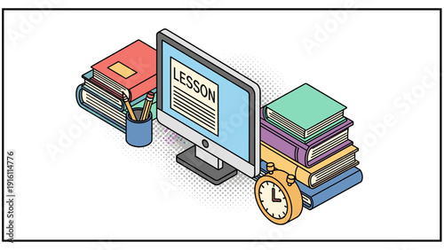 Isometric online learning setup with books and desktop computer