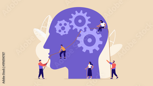 Teamwork and the mind people working together inside a human head silhouette