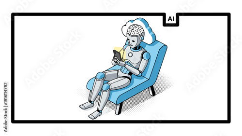 Ai robot relaxing in chair using smartphone with cloud brain icon in modern technology concept