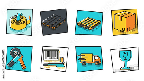 Colorful pop art icons of packaging and shipping essentials with halftone details