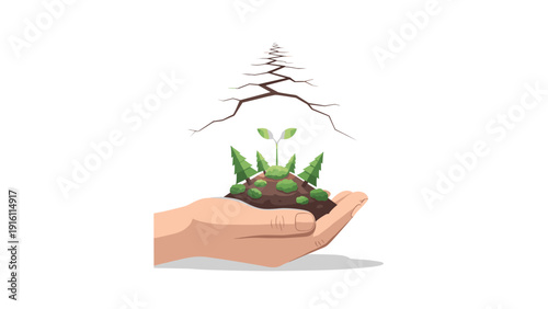 Hand holding a green sapling with trees on cracked soil