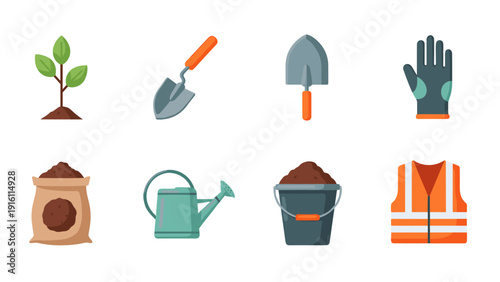 Gardening tools and equipment flat icons set with plant and soil elements