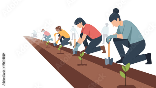 Community gardening team planting seedlings together