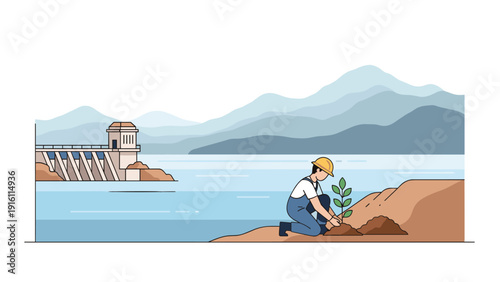 Environmental conservation: planting trees near a dam with mountainous background in flat style