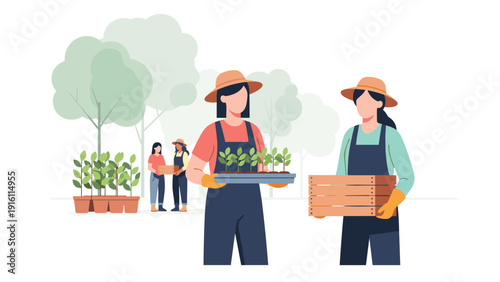 Community garden with female farmers carrying seedlings and wooden boxes in minimalist style