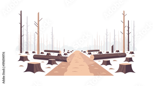 Deforestation impact: flat landscape with tree stumps and logs