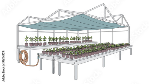 Modern greenhouse with potted plants and sunshade canopy in linear style