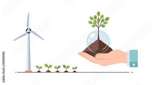 Renewable energy and sustainable growth concept with wind turbine and nurturing nature