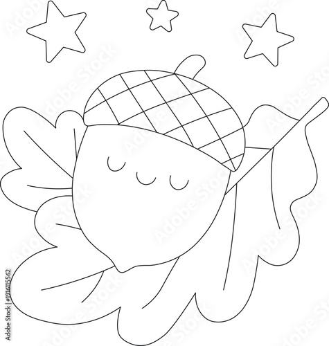 Cute acorn with closed eyes resting on autumn leaves under starry sky