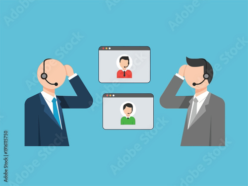 Two businessmen communicating through video conference calls.
