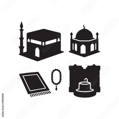 Black Islamic Religious Icon Set Featuring Kaaba Quran Prayer Beads And Mosque.
