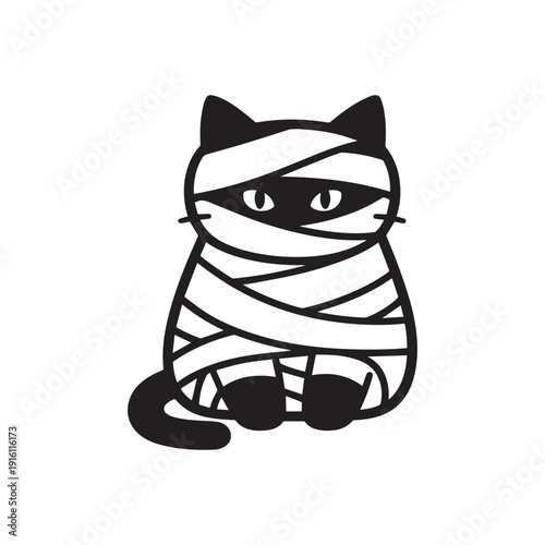 Cute Black And White Halloween Mummy Cat Silhouette Vector Cartoon Character Icon. 