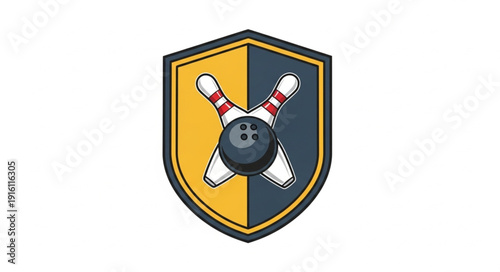 Bowling ball and pins emblem with shield vector illustration.
