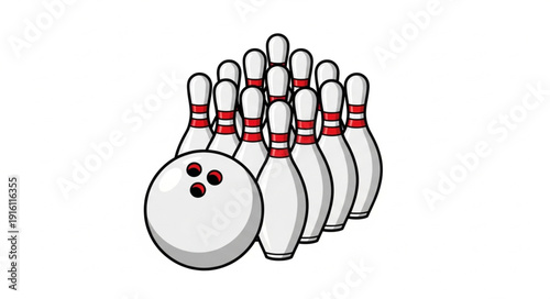 Bowling ball and pins ready for game.