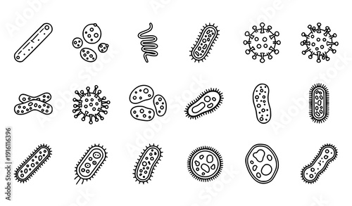 Bacteria, Virus, and Microorganism Outline Icons – Scientific Germ Shapes Set