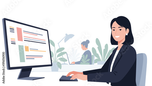Professional woman working at computer in modern office setting