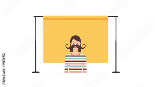 Minimalist portrait of a man with mustache in striped shirt and yellow backdrop