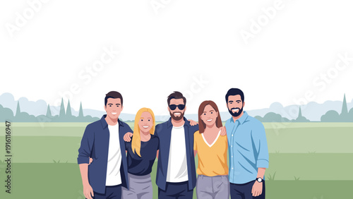 Group of friends standing together outdoors in flat style