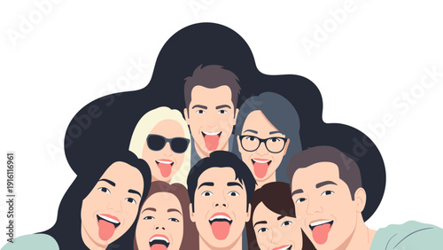 Group of friends taking a selfie with playful expressions in a flat cartoon style