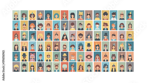 Diverse portraits in flat style: colorful collection of unique characters