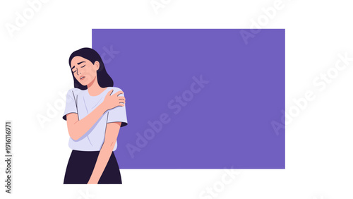 Woman suffering from shoulder pain with purple background in flat style