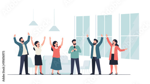 Team celebration in office environment with people collaborating and cheering in modern workspace