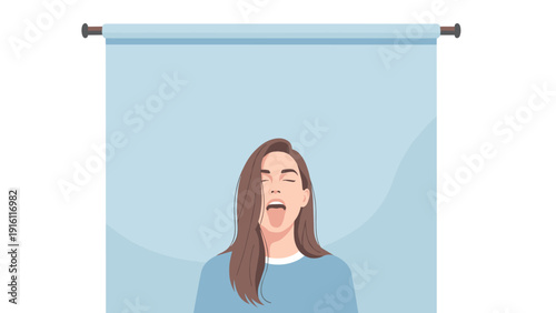 Tired woman yawning in front of blue background in minimalist style