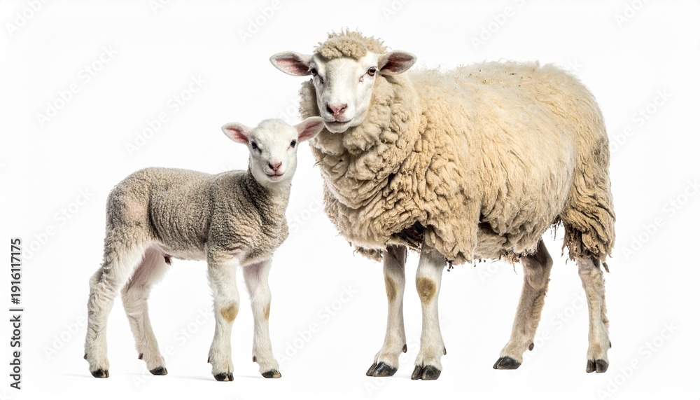 Fototapeta premium Ewe and Lamb Portrait on White Background Perfect for Spring and Easter Concepts Stock Photo.