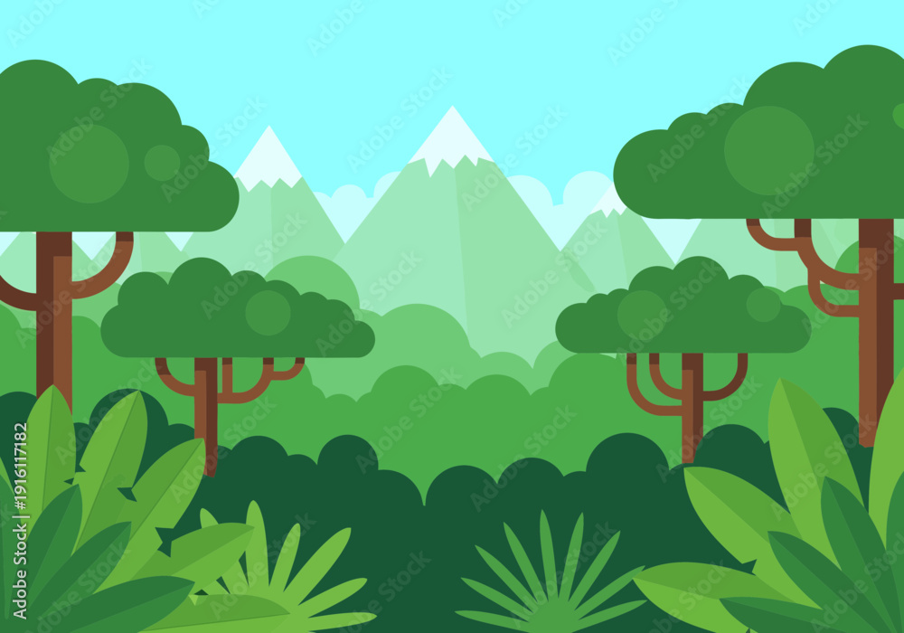 Obraz premium Vibrant jungle landscape with lush greenery and majestic mountains