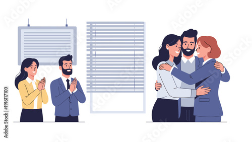 Office celebration with happy colleagues clapping and hugging in a cheerful workplace scene