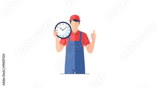 Worker holding clock and giving thumbs up in red and blue uniform